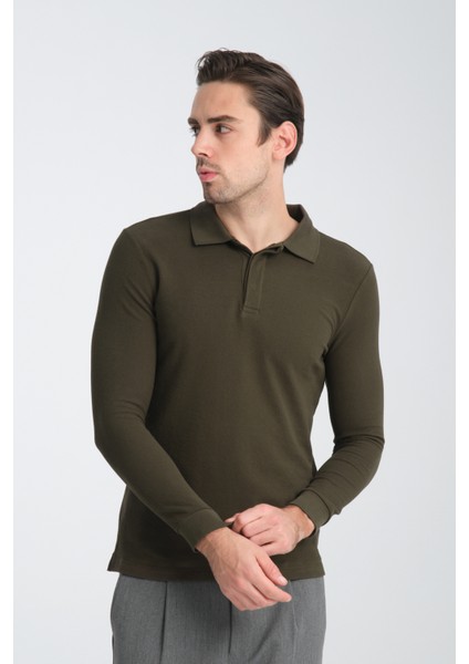 Gavix Erkek Haki %100 Pamuk Damla Örgülü Çekmeyen Esneyen Kumaş Slim Fit Uzun Kol Polo Tişört