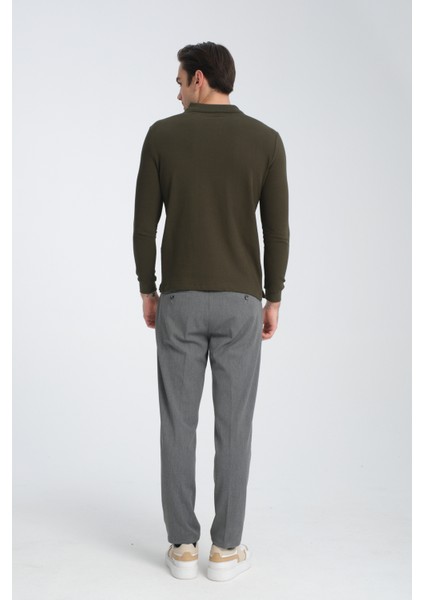 Gavix Erkek Haki %100 Pamuk Damla Örgülü Çekmeyen Esneyen Kumaş Slim Fit Uzun Kol Polo Tişört