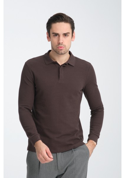 Gavix Erkek Kahverengi %100 Pamuk Damla Örgülü Çekmeyen Esneyen Kumaş Slim Fit Uzun Kol Polo Tişört