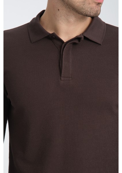 Gavix Erkek Kahverengi %100 Pamuk Damla Örgülü Çekmeyen Esneyen Kumaş Slim Fit Uzun Kol Polo Tişört
