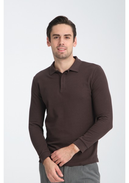 Gavix Erkek Kahverengi %100 Pamuk Damla Örgülü Çekmeyen Esneyen Kumaş Slim Fit Uzun Kol Polo Tişört