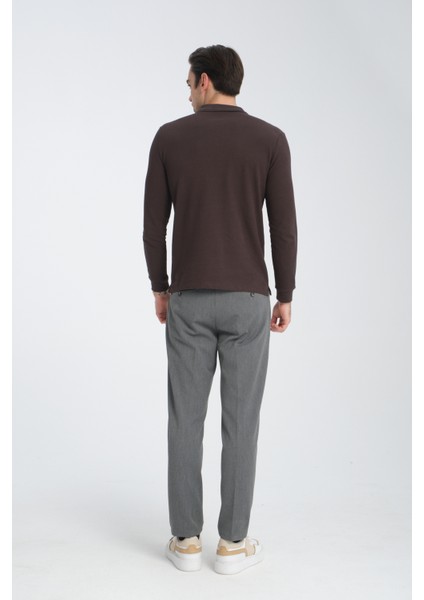 Gavix Erkek Kahverengi %100 Pamuk Damla Örgülü Çekmeyen Esneyen Kumaş Slim Fit Uzun Kol Polo Tişört