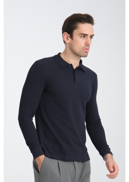 Gavix Erkek Lacivert %100 Pamuk Damla Örgülü Çekmeyen Esneyen Kumaş Slim Fit Uzun Kol Polo Tişört