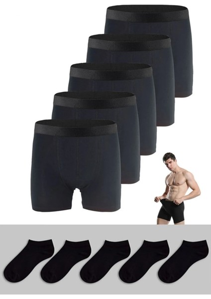 Erkek 5'li Siyah Çorap ve Boxer Seti