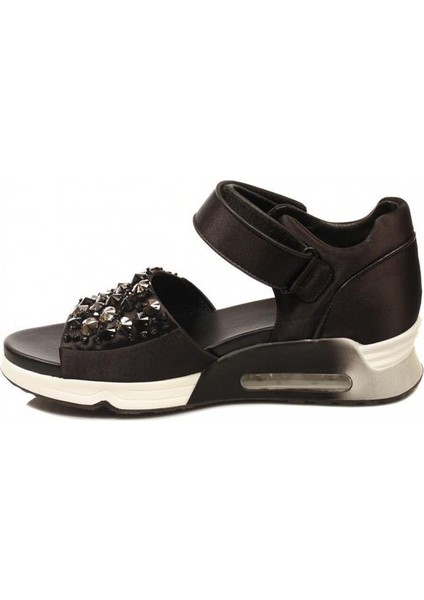 Lotus Siyah Saten Kumaş Siyah Boncuklu Deri Kanca ve Halkalı Bağlama Deri Döşeme Kadın Sandalet modelleri