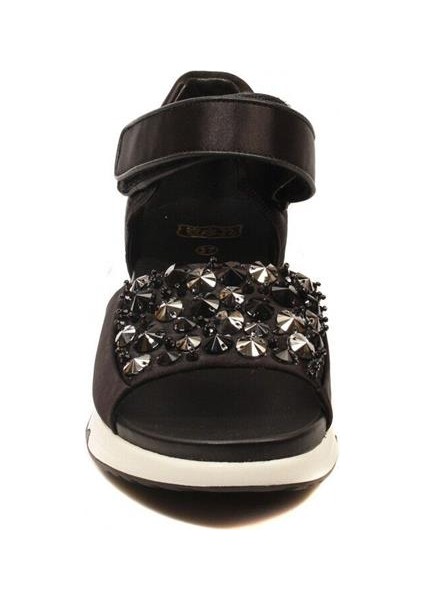 Lotus Siyah Saten Kumaş Siyah Boncuklu Deri Kanca ve Halkalı Bağlama Deri Döşeme Kadın Sandalet fırsatları