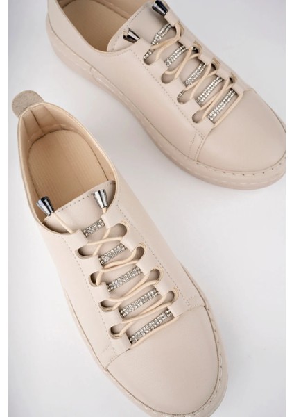 Kadın Bej Spor Ayakkabı Suni Deri Düz Taban Günlük Kullanım İçin Şık Tasarım indirimleri