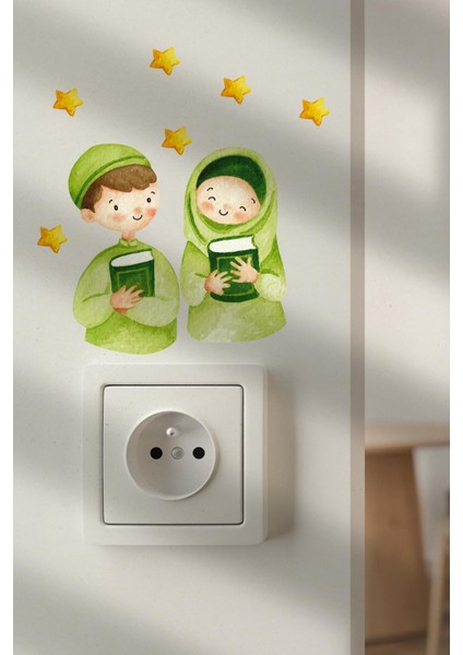 Yeşil Kıyafetli Çocuklar Ramazan Priz Sticker Seti Duvar Cam Sticker Ramazan Süsü fiyatları