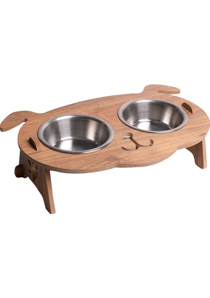 Köpek Mama Standı - Ahşap MDF - Eğimli Köpek Modeli - Çelik Kase - 2*350ml