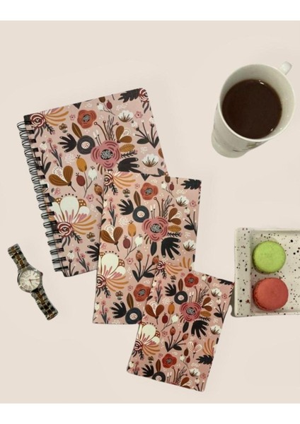 Pembe Çiçekli 3'lü Set Süresiz Ajanda Haftalık Planlayıcı-Çizgisiz Defter-Çizgisiz Not Defteri