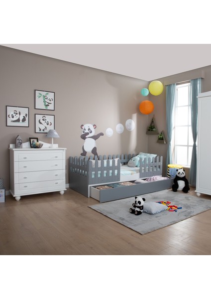 Soft Montessori Çocuk Odası Gri Karyola 90x190 cm