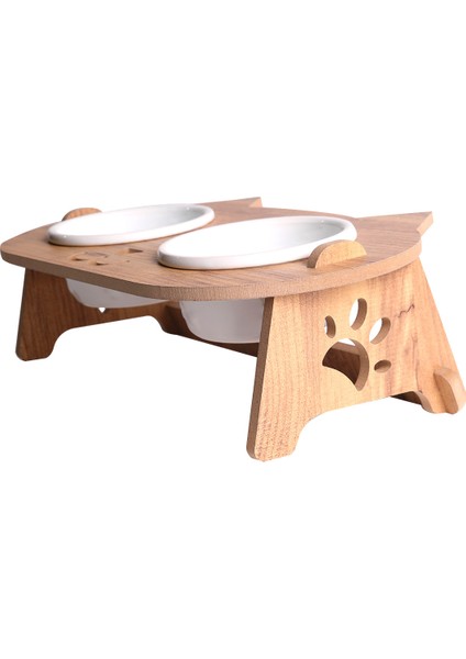 Kedi Mama Standı (8 mm Mdf)( Eğimli Kedi Modeli )(Beyaz Seramik Kase - 2*400ml)