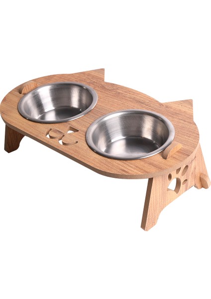 Kedi Mama Standı (8 mm Mdf)( Eğimli Kedi Modeli )(Çelik Kase - 2*350ml)