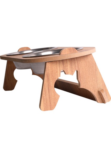 Kedi & Köpek Su ve Mama Kabı Standı - Ahşap MDF - Eğimli İkili Oval Model - Çelik Kase - 2*350ml modelleri