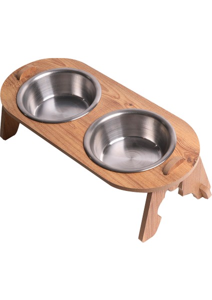 Kedi & Köpek Su ve Mama Kabı Standı - Ahşap MDF - Eğimli İkili Oval Model - Çelik Kase - 2*350ml