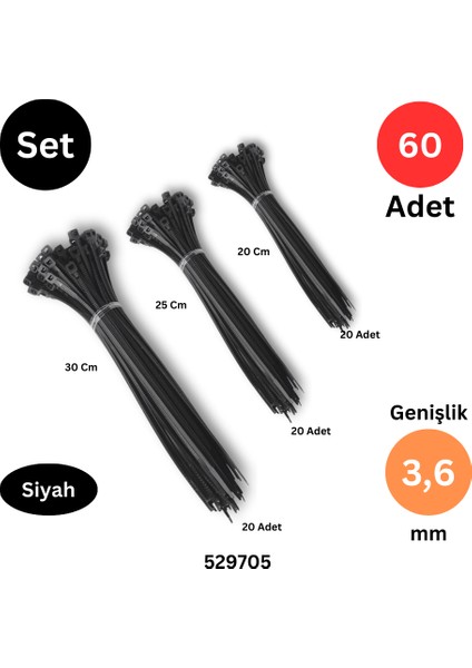 Plastik Kablo Bağı Klipsi Cırt Kelepçe 200 - 250 - 300 mm x 3.6 mm Siyah Toplam 60 Adet