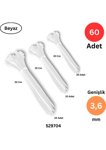 Plastik Kablo Bağı Klipsi Cırt Kelepçe 200 - 250 - 300 mm x 3.6 mm Beyaz Toplam 60 Adet