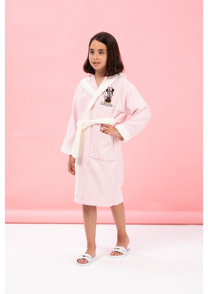 Minnie Mouse Happy Nakışlı Disney Lisanslı Kapüşonlu Çocuk Bornozu 11/12 Yaş