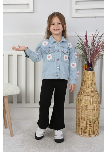 Çiçek Örgü Motifli Kız Çocuk kot ceket - Açık Mavi