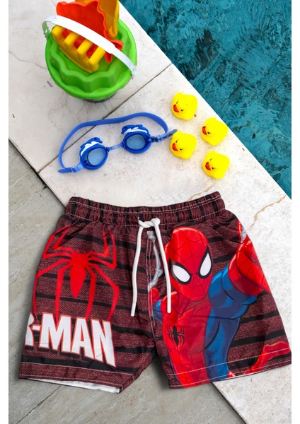 Erkek Çocuk Kırmızı Spiderman Baskılı Bel Bağcıklı Deniz Şortu