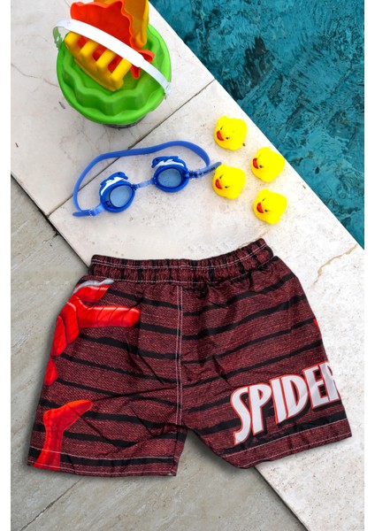 Erkek Çocuk Kırmızı Spiderman Baskılı Bel Bağcıklı Deniz Şortu