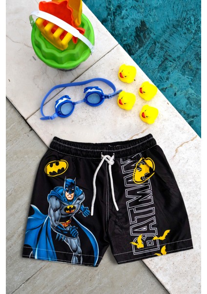 Erkek Çocuk Siyah Batman Baskılı Bel Bağcıklı Deniz Şortu