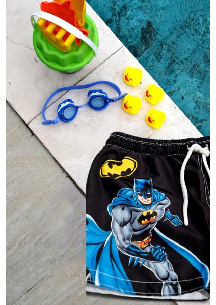 Erkek Çocuk Siyah Batman Baskılı Bel Bağcıklı Deniz Şortu