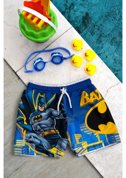 Erkek Çocuk Lacivert Batman Baskılı Bel Bağcıklı Deniz Şortu