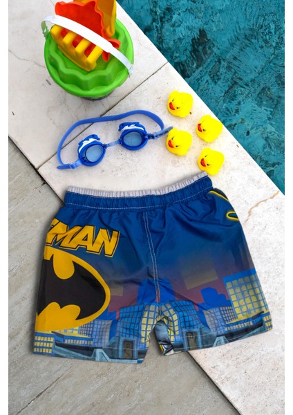 Erkek Çocuk Lacivert Batman Baskılı Bel Bağcıklı Deniz Şortu modelleri