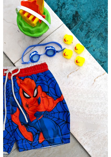 Erkek Çocuk Mavi Spiderman Baskılı Bel Bağcıklı Deniz Şortu
