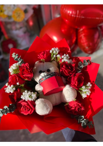 Ayıcıklı Çiçek Buketi Sevgiliye Hediye Içimden Geldi Kırmızı Gül
