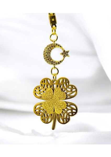 Çelik Dörtlü Yonca Dikiz Araba Süsü, Altın Kaplama Beyaz Nazar Boncuklu Araba Hediyesi