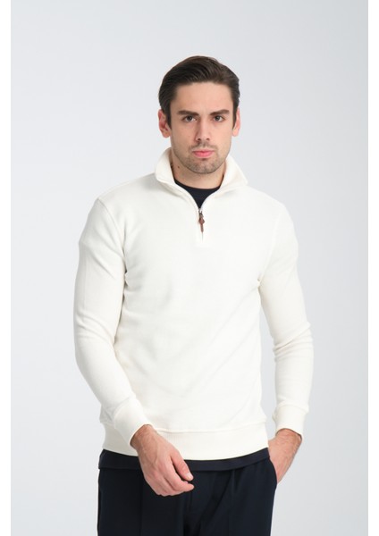 Cappi Erkek Beyaz Yarım Fermuarlı Pamuklu Örme Kumaş Slim Fit Sweatshirt