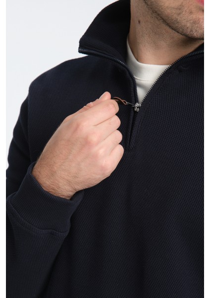 Cappi Erkek Koyu Lacivert Yarım Fermuarlı Pamuklu Örme Kumaş Slim Fit Sweatshirt fırsatları