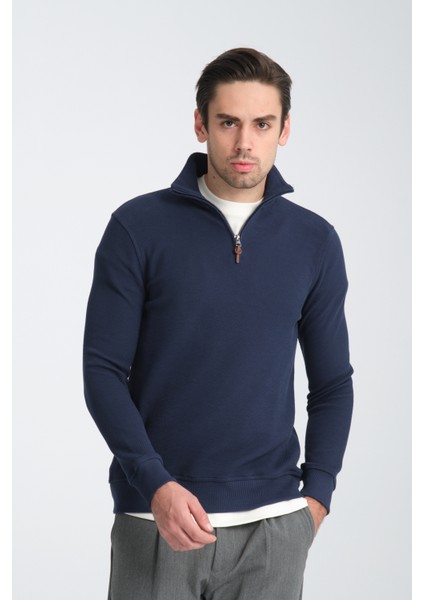 Cappi Erkek Lacivert Yarım Fermuarlı Pamuklu Örme Kumaş Slim Fit Sweatshirt