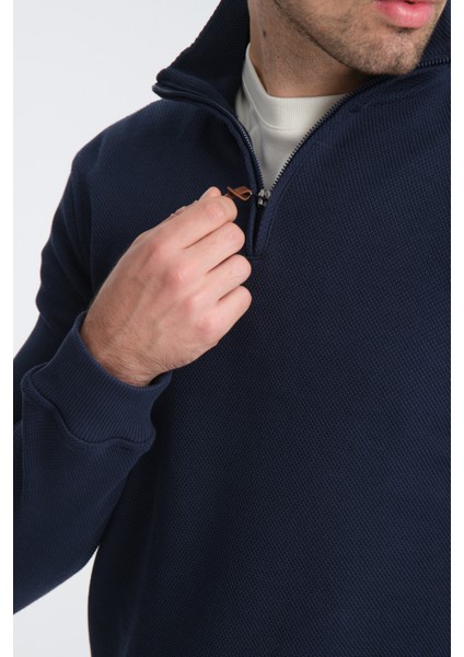 Cappi Erkek Lacivert Yarım Fermuarlı Pamuklu Örme Kumaş Slim Fit Sweatshirt
