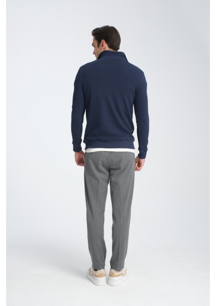 Cappi Erkek Lacivert Yarım Fermuarlı Pamuklu Örme Kumaş Slim Fit Sweatshirt