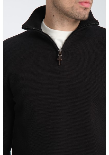 Cappi Erkek Siyah Yarım Fermuarlı Pamuklu Örme Kumaş Slim Fit Sweatshirt