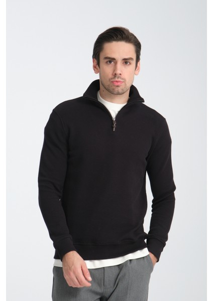 Cappi Erkek Siyah Yarım Fermuarlı Pamuklu Örme Kumaş Slim Fit Sweatshirt