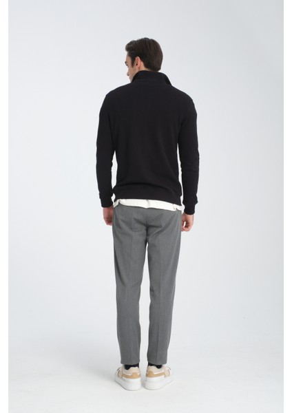 Cappi Erkek Siyah Yarım Fermuarlı Pamuklu Örme Kumaş Slim Fit Sweatshirt