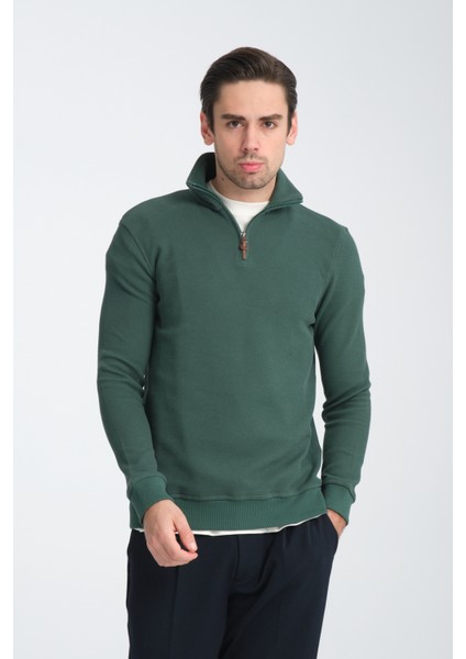 Cappi Erkek Yeşil Yarım Fermuarlı Pamuklu Örme Kumaş Slim Fit Sweatshirt