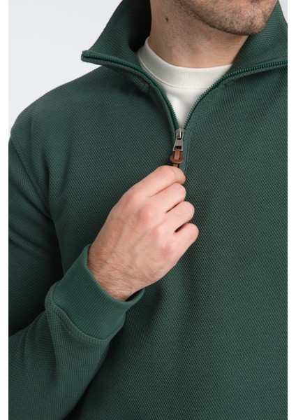 Cappi Erkek Yeşil Yarım Fermuarlı Pamuklu Örme Kumaş Slim Fit Sweatshirt