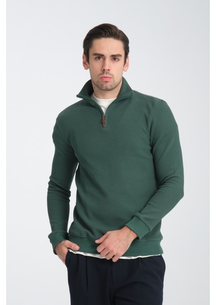Cappi Erkek Yeşil Yarım Fermuarlı Pamuklu Örme Kumaş Slim Fit Sweatshirt