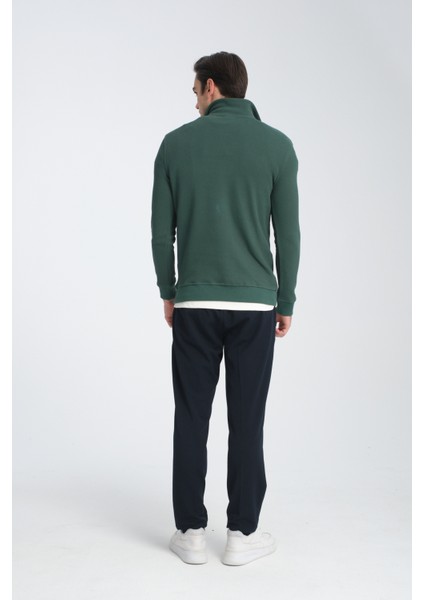 Cappi Erkek Yeşil Yarım Fermuarlı Pamuklu Örme Kumaş Slim Fit Sweatshirt