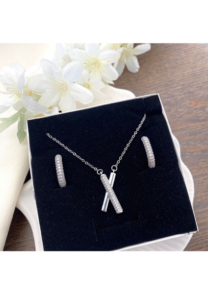 x Kolye Küpe Seti Silver Kadın Kolye Küpe Full Zirkon Taşlı Trend Kolye Küpe Seti