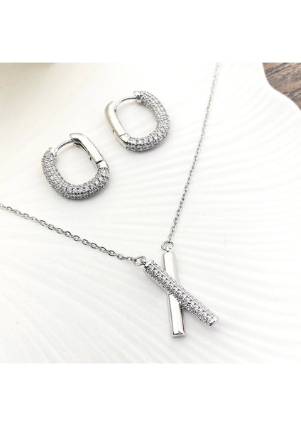 x Kolye Küpe Seti Silver Kadın Kolye Küpe Full Zirkon Taşlı Trend Kolye Küpe Seti