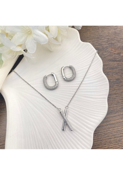 x Kolye Küpe Seti Silver Kadın Kolye Küpe Full Zirkon Taşlı Trend Kolye Küpe Seti