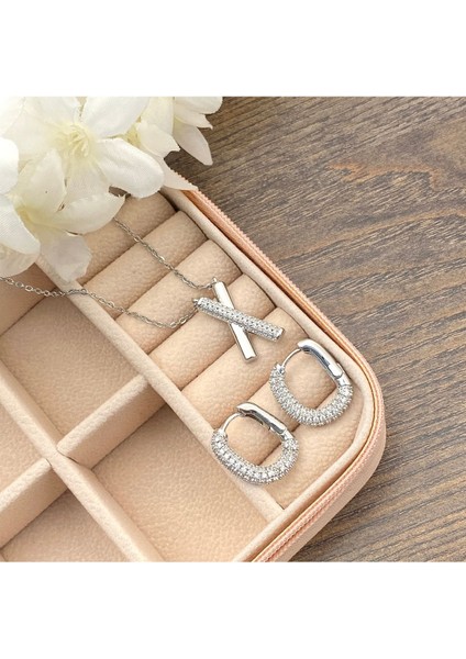 x Kolye Küpe Seti Silver Kadın Kolye Küpe Full Zirkon Taşlı Trend Kolye Küpe Seti