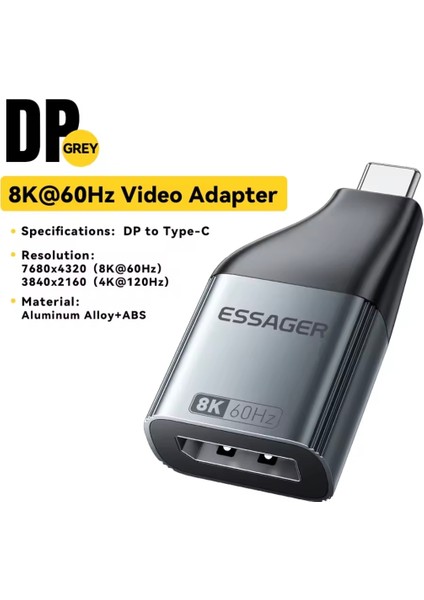 Essager DP To Type-C Displayport Çevirici Dönüştürücü Adaptör 8K 60Hz Ce Lisanslı Orjinal Metal Sağlam