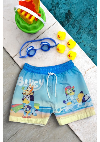 Erkek Çocuk Bluey Baskılı Bel Bağcıklı Deniz Şortu